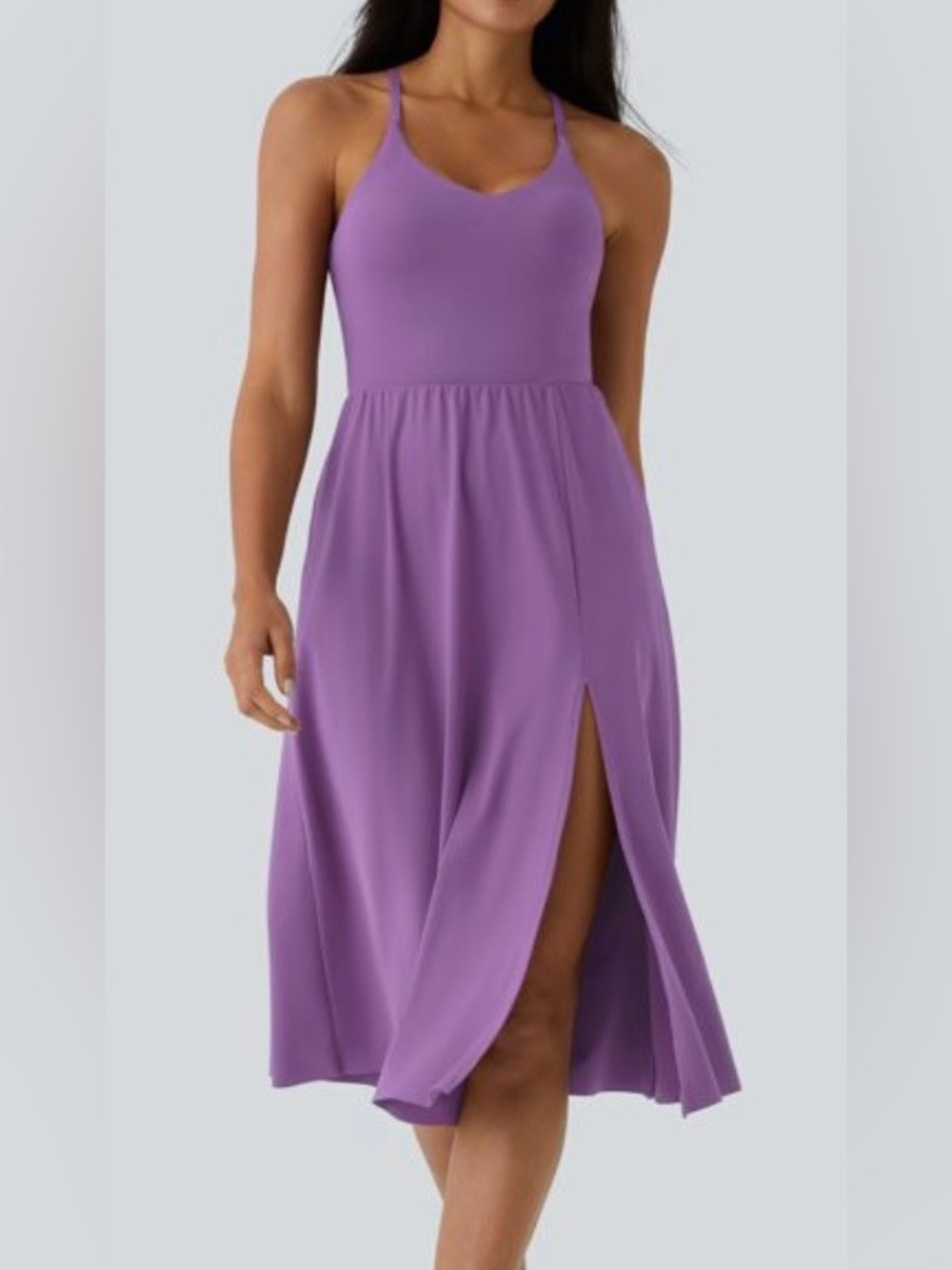 HALARA Lavender Purple Sleeveless Midi Dress with Side Slit and Pockets